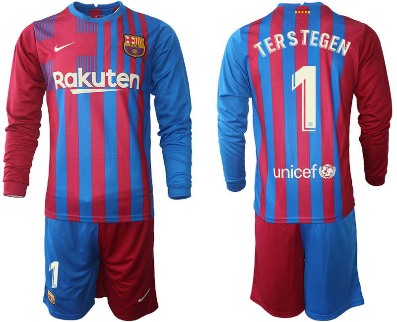 Men 2021-2022 Club Barcelona home red blue Long Sleeve #1 Nike Soccer Jersey->customized soccer jersey->Custom Jersey